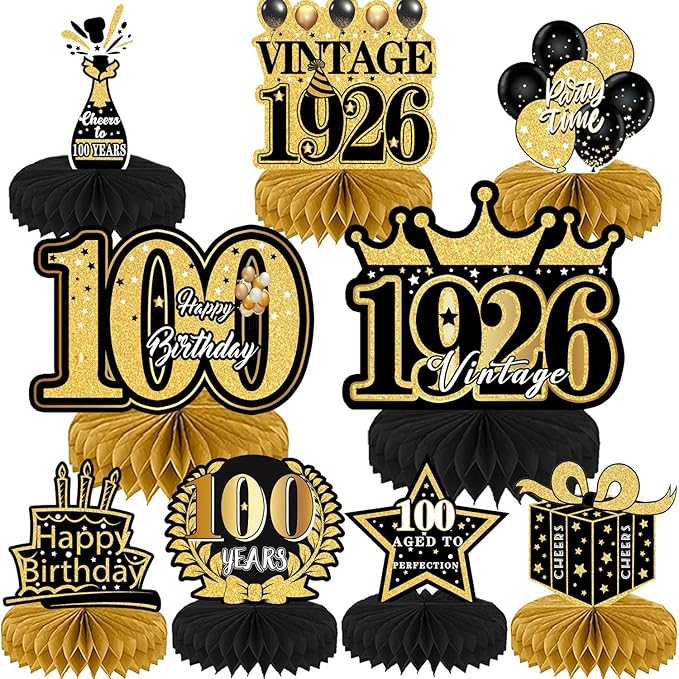 100th Birthday Party Decorations, 9PCS Black Gold 100th Vintage