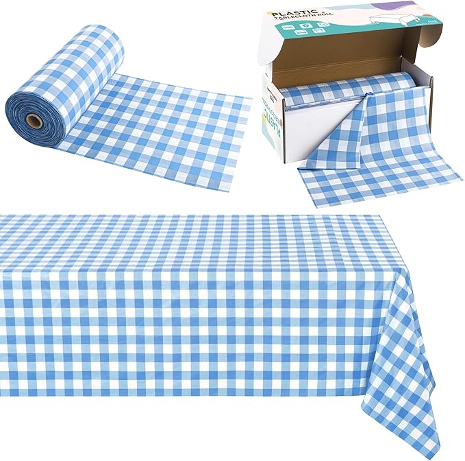 Kochorie 54 Inch x 300 Ft Light Blue Checkered Plastic Table Cloth