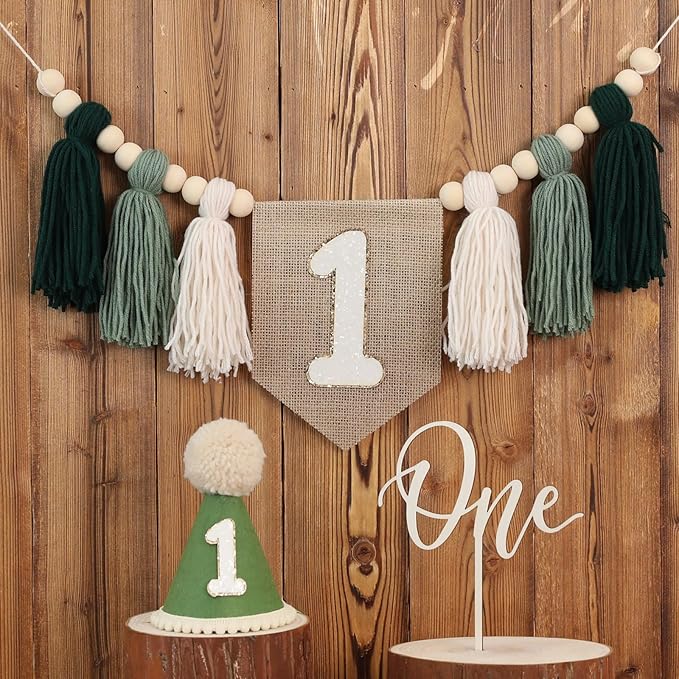 First Birthday Party Decorations Green High Chair Banner No.1 Crown