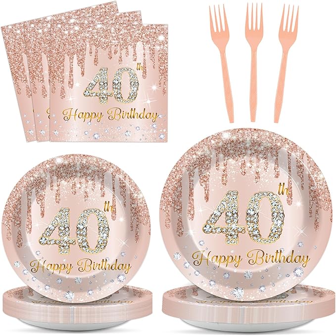 96PCS Rose Gold 40th Birthday Party Paper Plates and Napkins Forty