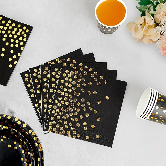 Black and Gold Party Supplies - 350 PCS Disposable Dinnerware Set -