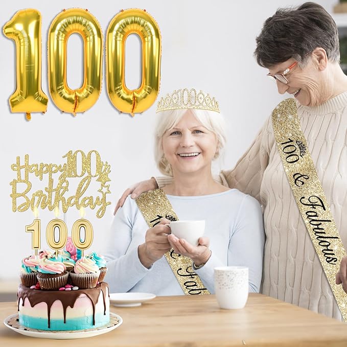 100th Birthday Decorations Women Gold with Crown and Sash Candles