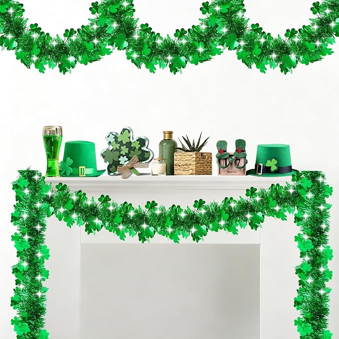 50FT St Patrick's Day Tinsel Garland, Green Shamrock Tinsel Garland