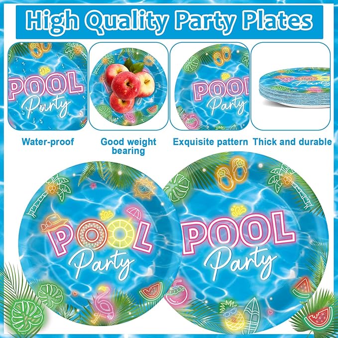 96Pcs Pool Party Plates and Napkins Neon Pool Party Decorations for