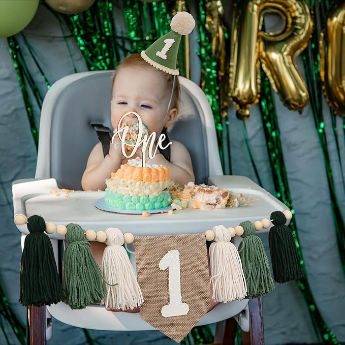 First Birthday Party Decorations Green High Chair Banner No.1 Crown
