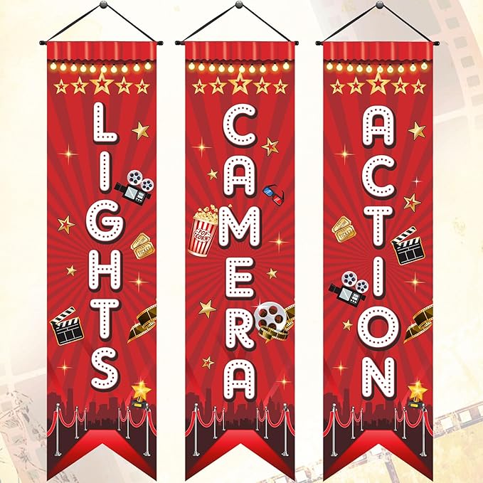 Tegeme Movie Night Porch Sign Banner Movie Theme Party Decorations