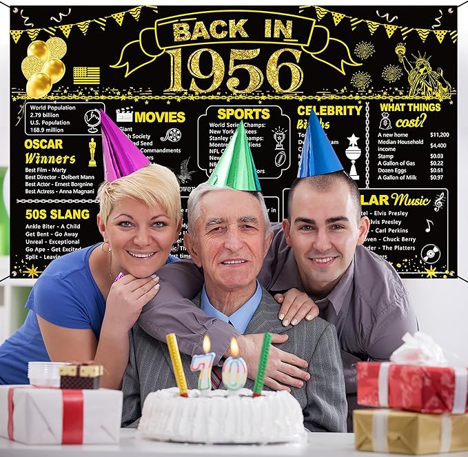 DARUNAXY 70th Birthday Black Gold Party Decoration, Back in 1956