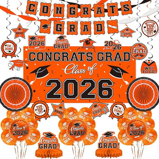 Orange Themed 2026 Graduation Decorations Set - Congrats Grad Banner,