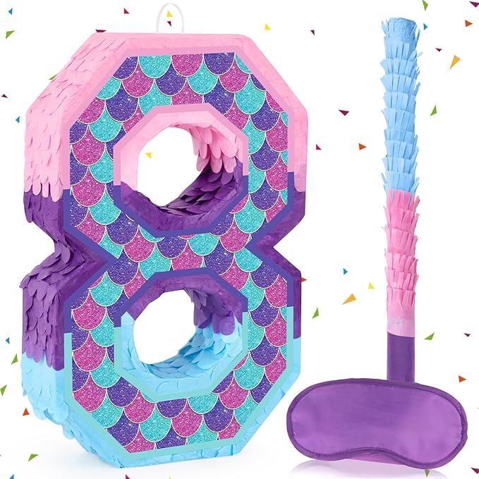 Mermaid Number 8 Pinata with Purple Pinata Stick Blindfold 8th