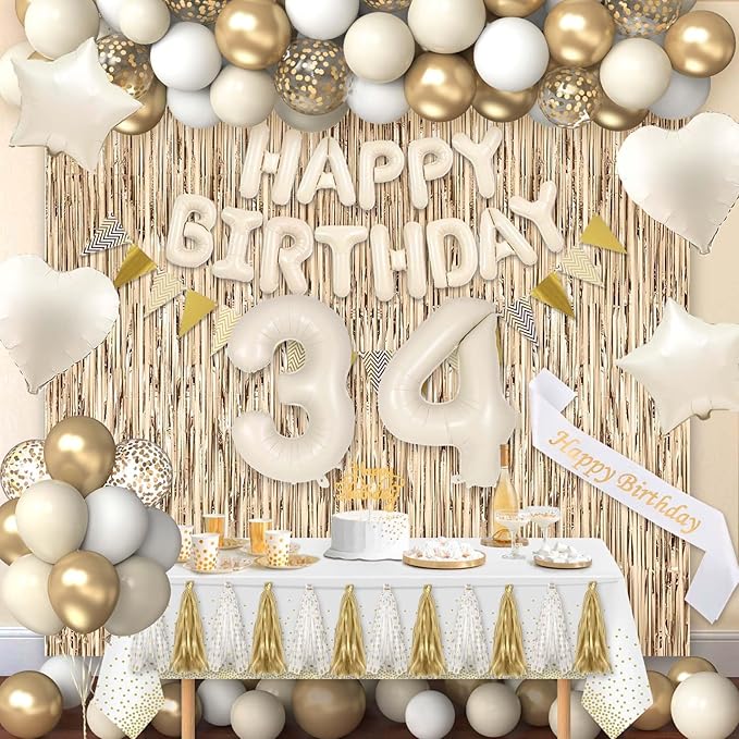 34th Birthday Decorations for Women, White and Gold 34 Boho Birthday