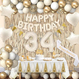 34th Birthday Decorations for Women, White and Gold 34 Boho Birthday