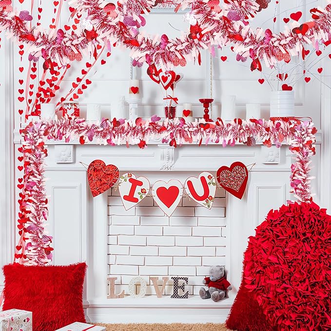66 FT Valentine's Day Heart Tinsel Garland Decor Red Pink Heart