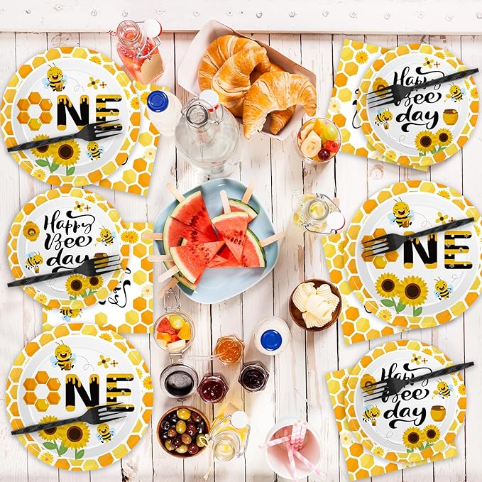 100 Pcs Bee 1st Birthday Party Supplies Paper Plates and Napkins Set