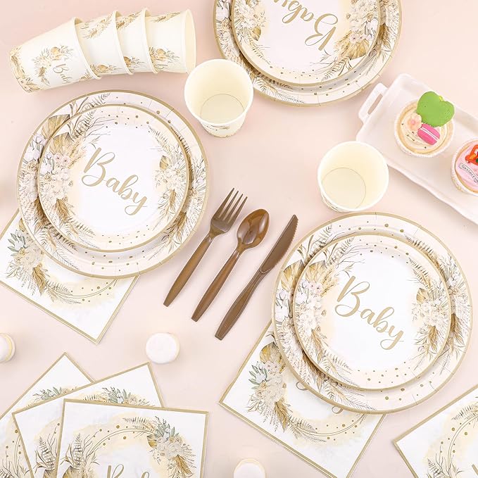 175 Pcs Boho Baby Shower Decorations, 25 Guest Baby Shower Plates and