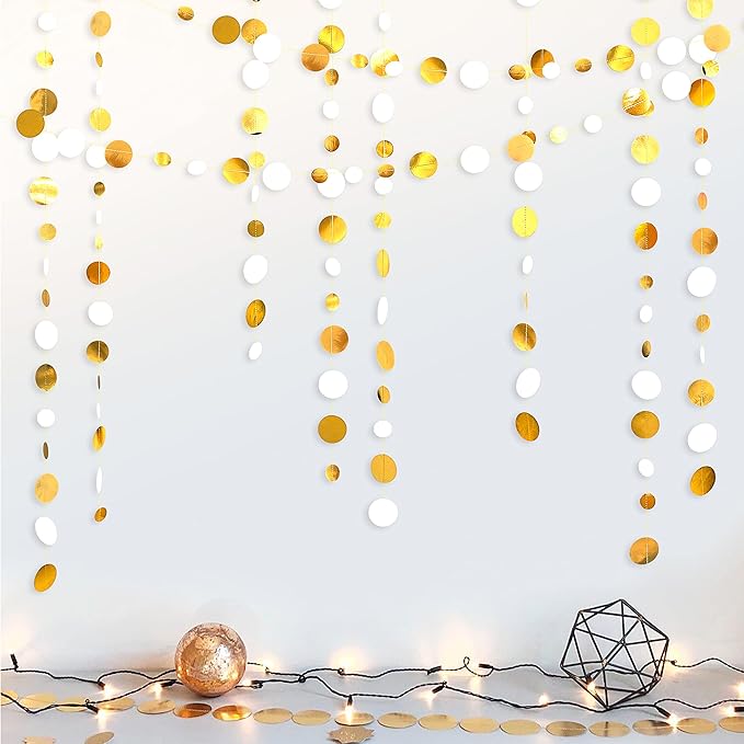 46 Feet White and Gold Circle Dots Garland Hanging Paper Polka Dots