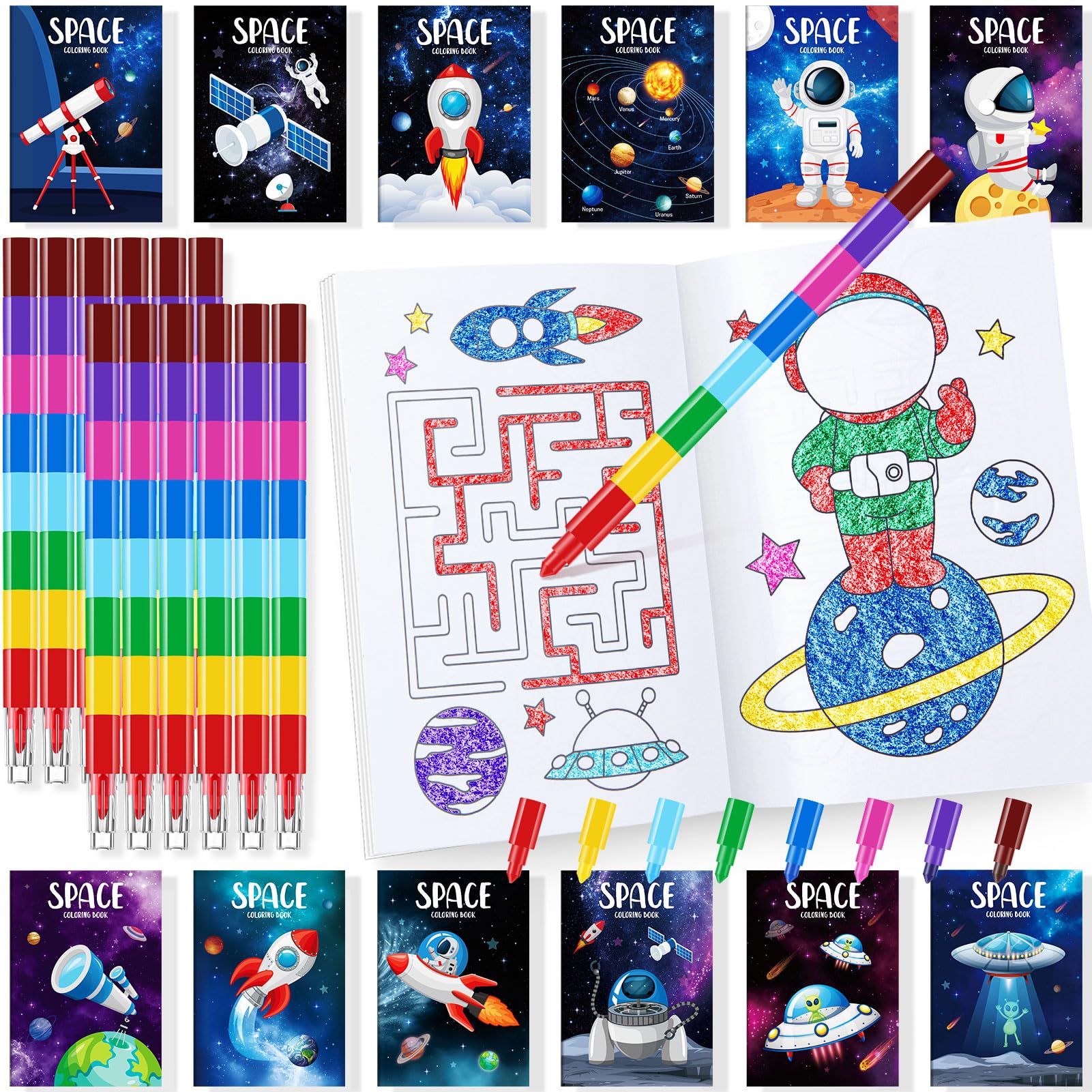 BenLouis 24 Outer Space Mini Coloring Books Kids with 24 Stacking