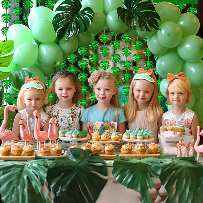2 Packs Jungle Leaf Foil Fringe Curtain, Green Glitter Tropical Palm