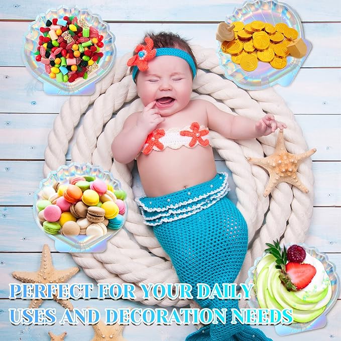 96 Pcs Iridescent Paper Plates 7 Inch Mermaid Seashell Paper Plates