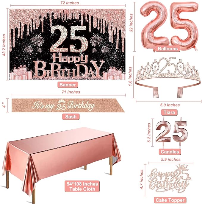 25th Birthday Decorations for Women with Banner Rose Gold Tablecloth