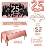 25th Birthday Decorations for Women with Banner Rose Gold Tablecloth