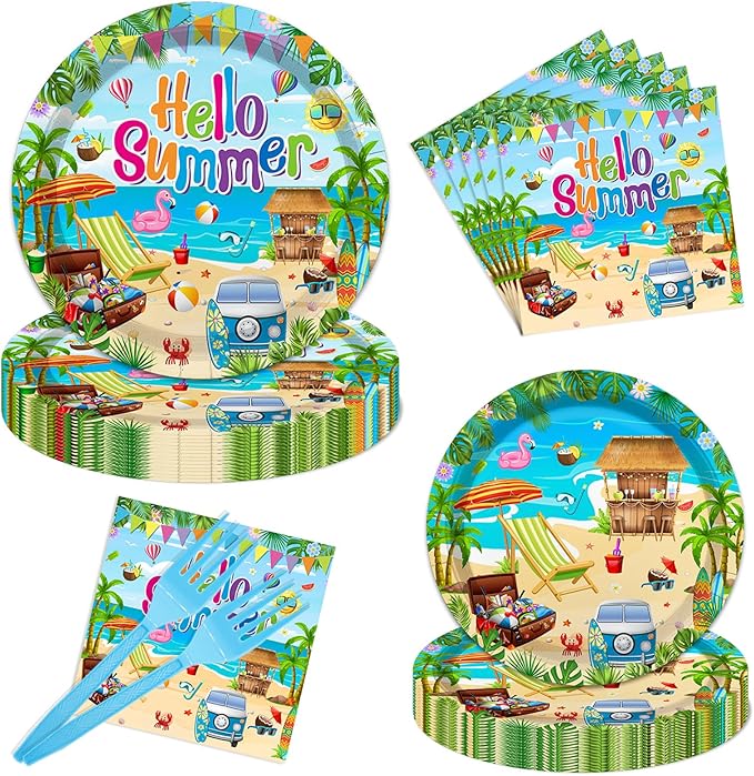 96 Pcs Hello Summer Party Decorations Summer Beach Paper Plates and