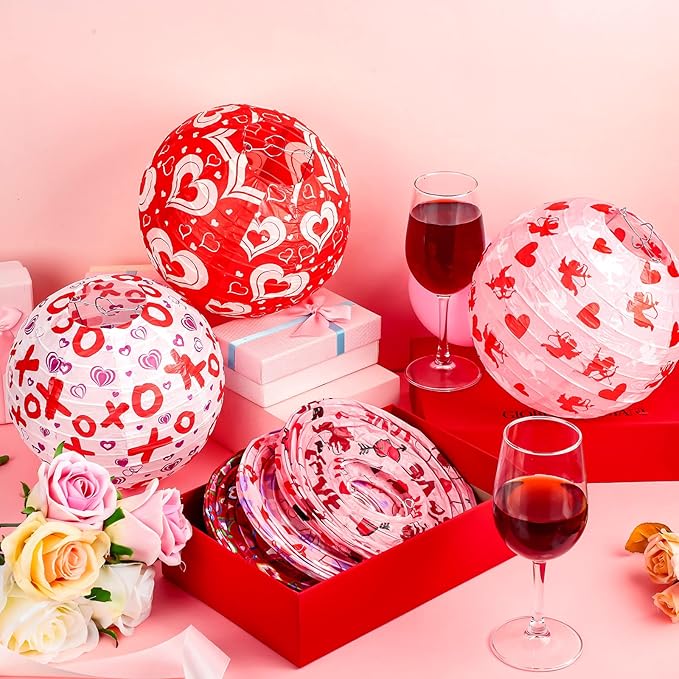 12 Pcs Valentine's Day Paper Lanterns Party Decorations Pink Heart