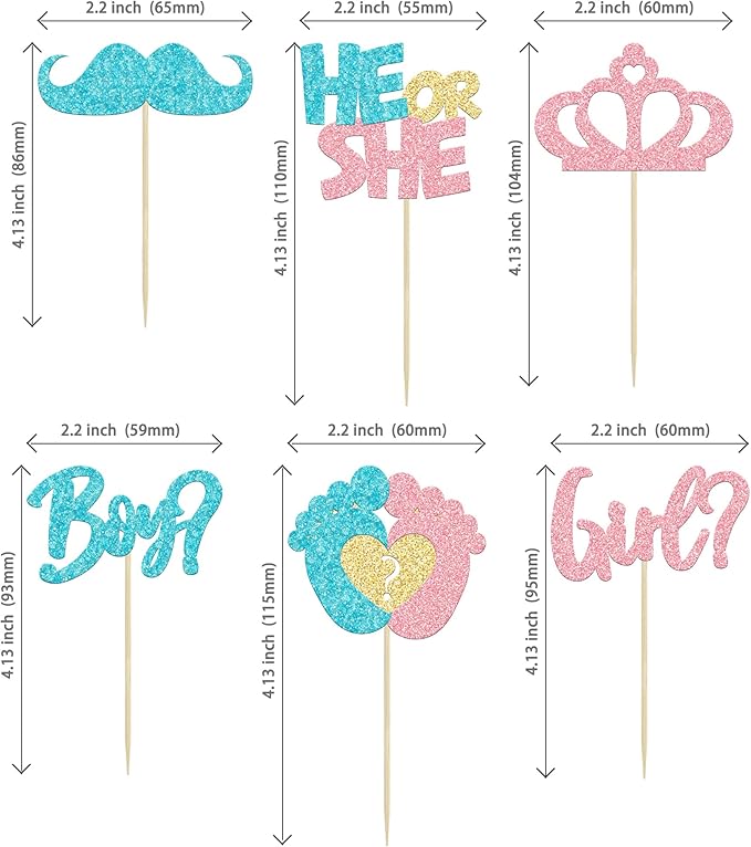 24Pcs Boy or Girl Cupcake Toppers Pink Blue Glitter Crown Moustache