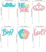 24Pcs Boy or Girl Cupcake Toppers Pink Blue Glitter Crown Moustache