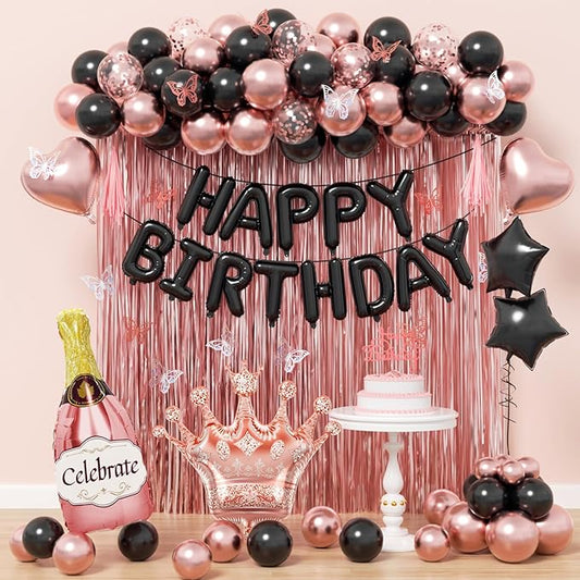 Rose Gold and Black Birthday Party Decorations with Happy Birthday