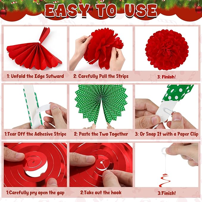 28PCS Christmas Decorations Christmas Banner Paper Fans Set Red