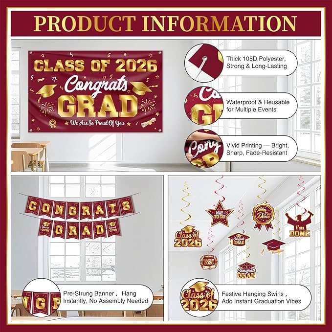 Graduation Decorations 2026 Maroon and Gold Graduation Party Decor