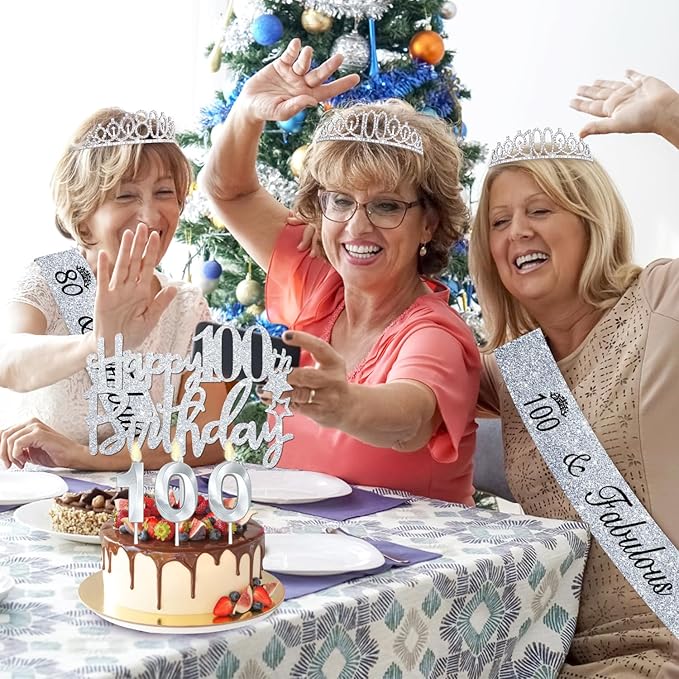 100th Birthday Decorations for Women Silver with 100th Birthday Sash