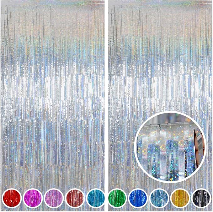 Melsan Silver Tinsel Backdrop Curtain, 3.2 ft x 8 ft Silver Foil