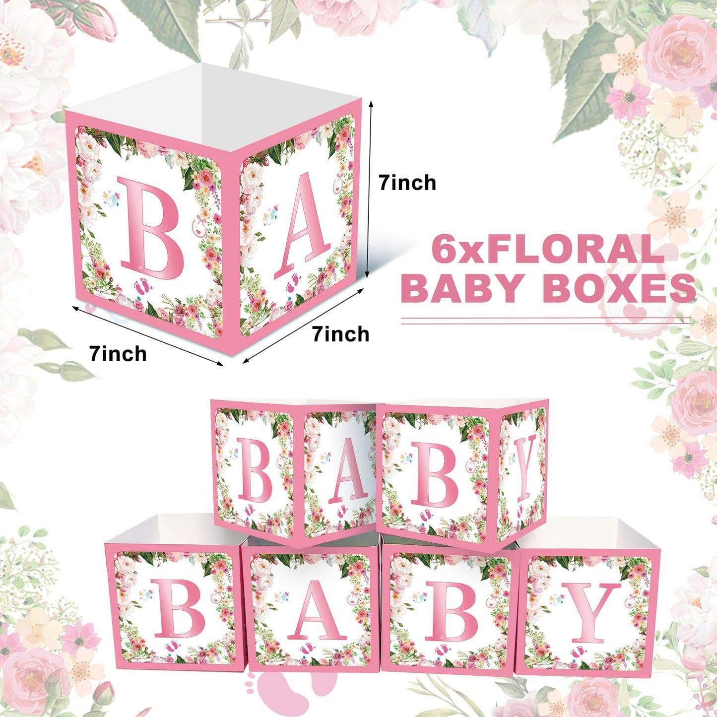 Jremreo 6 Pack 7x7x7 Inches Pink Floral Baby Shower Centerpiece Boxes
