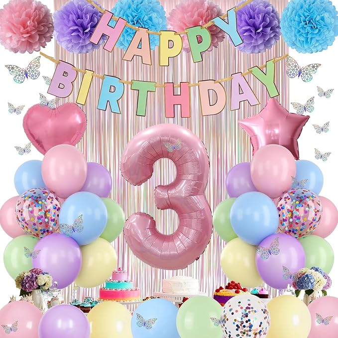 Pastel 3rd Birthday Party Decorations for Girls Number 3 Balloon