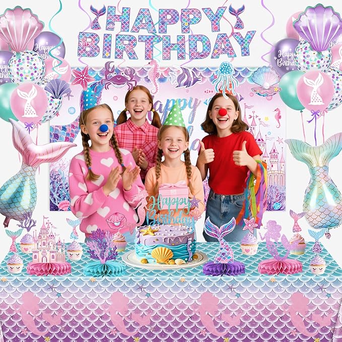 Mermaid Birthday Decorations Includes Banner Backdrop Foil &