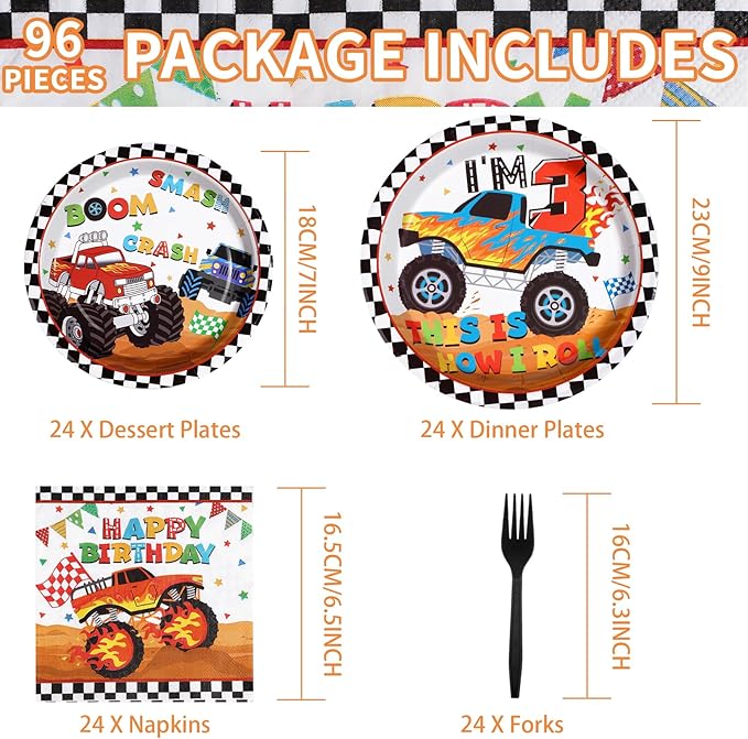 96 Pcs Monster Theme Truck 3rd Birthday Party Supplies Monster Theme
