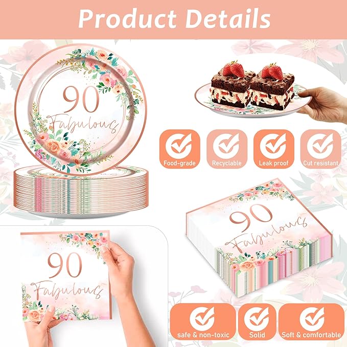 50 Guests 90th Party Decorations Plates Napkins Rose Gold Party