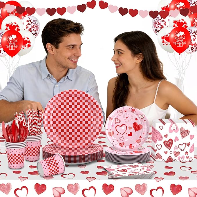 146Pcs Valentine's Day Party Tableware Set Red Heart Love Disposable