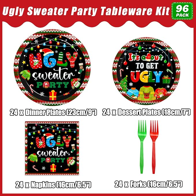 96Pcs Christmas Ugly Sweater Party Plates Merry Christmas Party