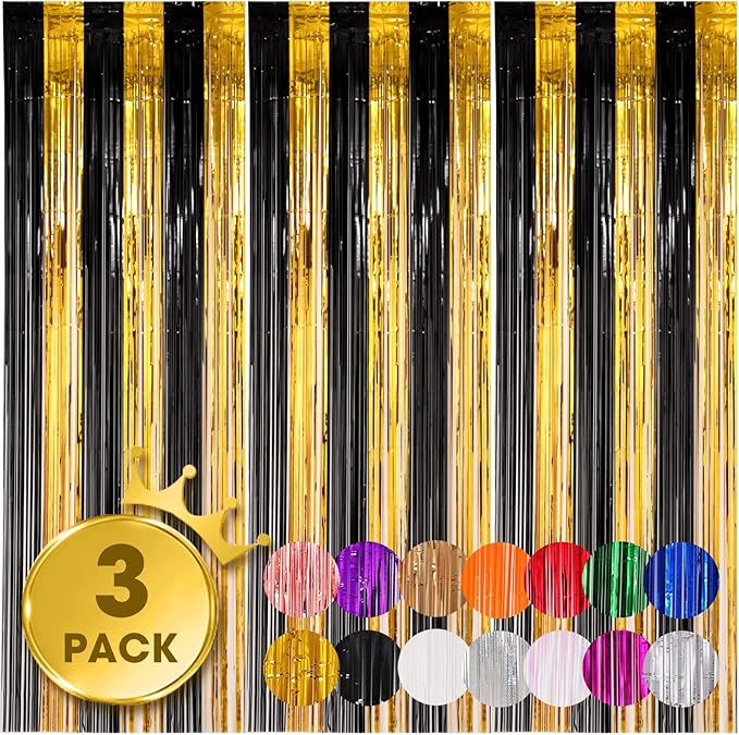 Voircoloria 3 Pack 3.3x8.2 Feet Black and Gold Foil Fringe Backdrop