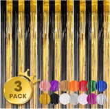 Voircoloria 3 Pack 3.3x8.2 Feet Black and Gold Foil Fringe Backdrop