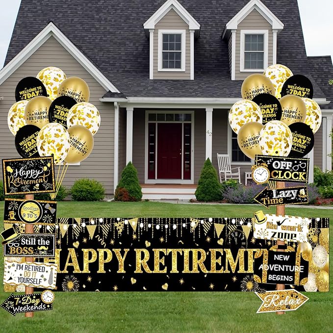 Black Gold Happy Retirement Banner Sign Directional Retired Yard