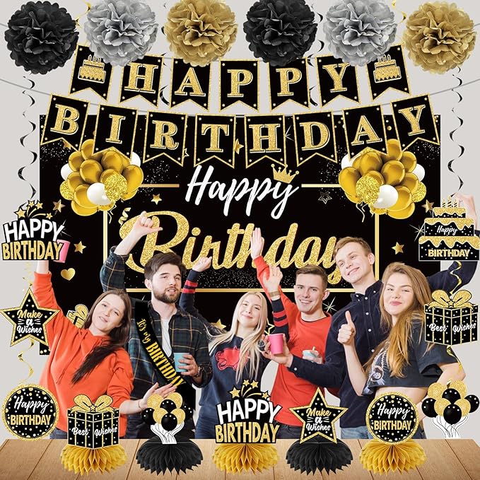 20Pcs Black and Gold Birthday Party Decorations Kit for Men Women