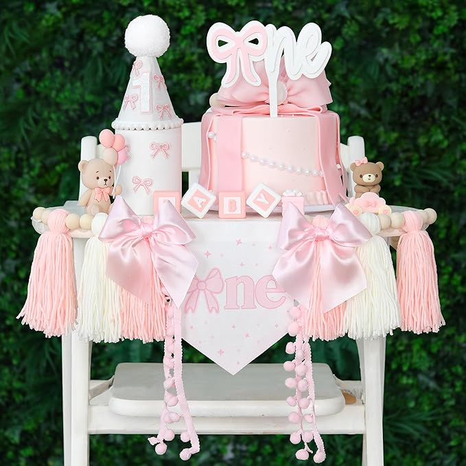 Pink Bow 1st Birthday Highchair Banner Decorations Wood Bead Tassel