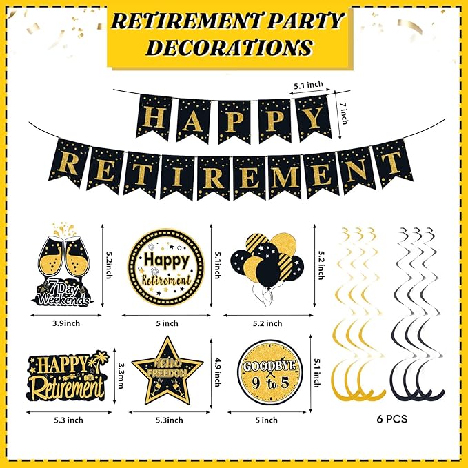Retirement Party Decorations for Men Women Black Gold Happy Retirement