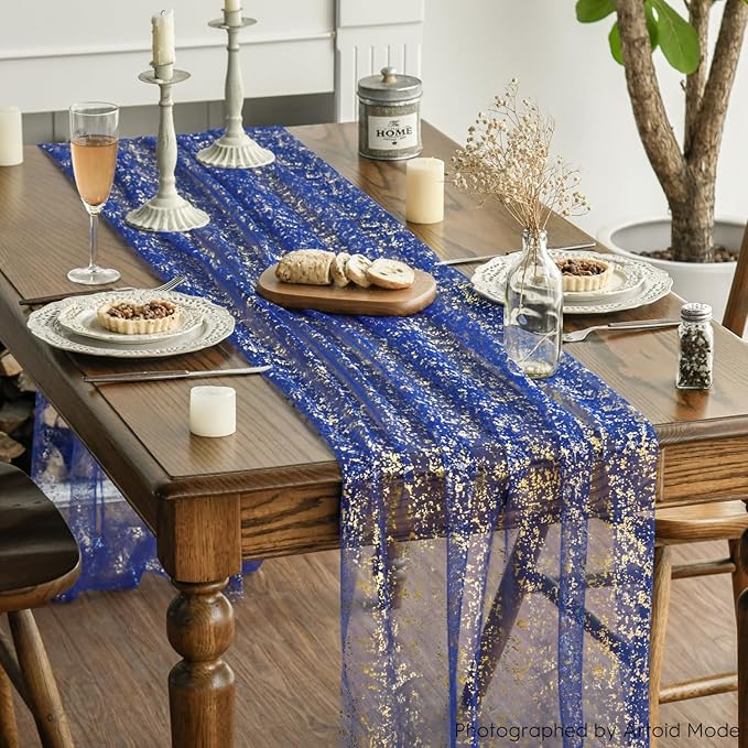 Artoid Mode 3PCS Blue Gold Gauze Table Runner 120 Inch 10FT, Glitter