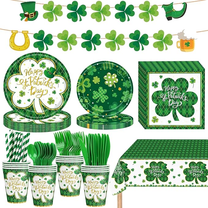 194 Pcs St Patricks Day Paper Plates & Napkins Green Shamrock Paper