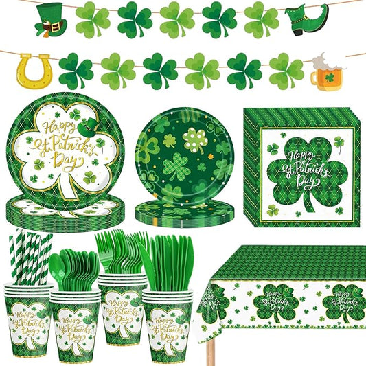 194 Pcs St Patricks Day Paper Plates & Napkins Green Shamrock Paper
