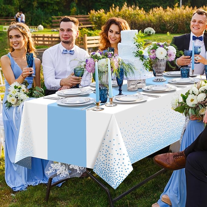 MASHAN 3Pcs White and Light Blue Tablecloth Party Decorations,Plastic